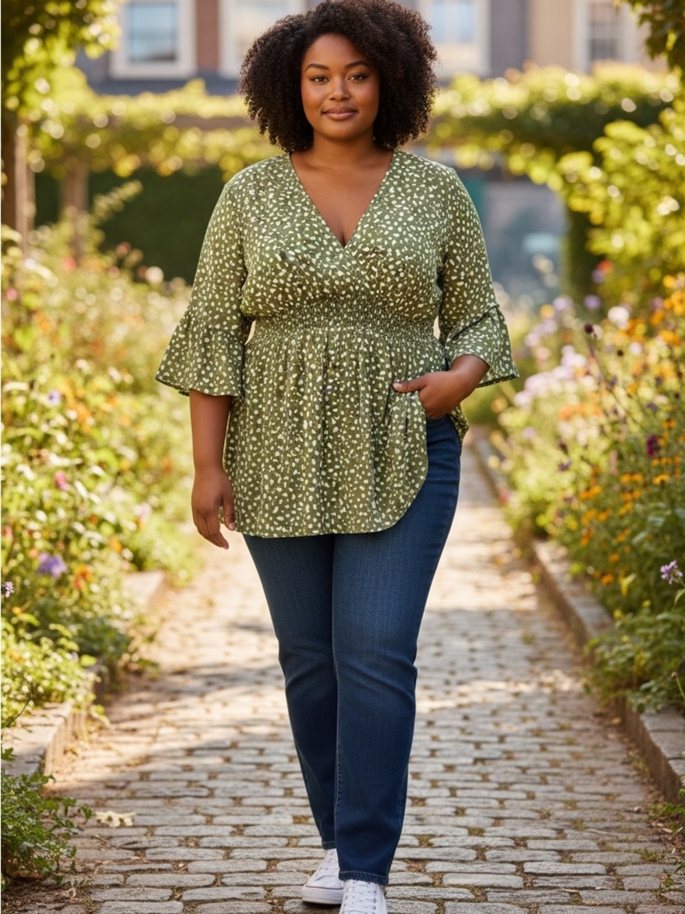 Olive Green V-Neck Smocked Peplum Top with White Dot Print 6XL -#565